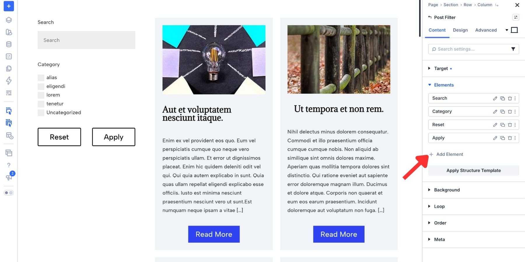 The add element button in the post filter module