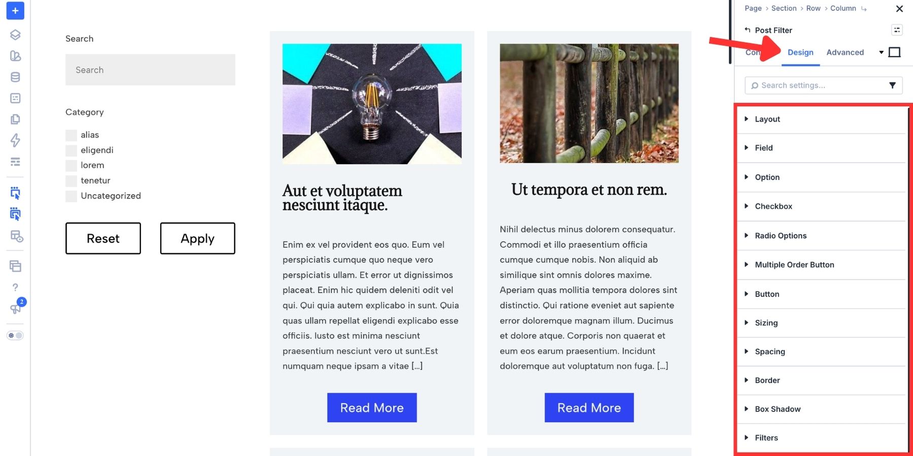 The design field and options available on the Post Filter level