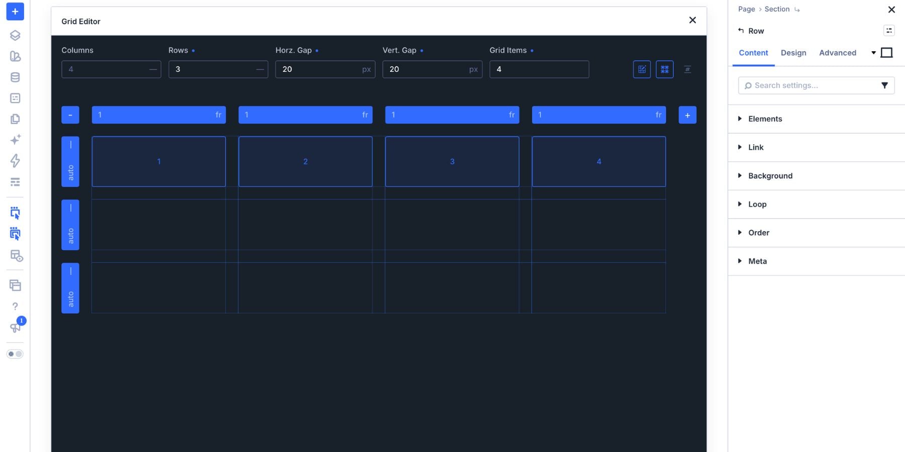 Grid Editor configured with four columns, three rows, and four preview items
