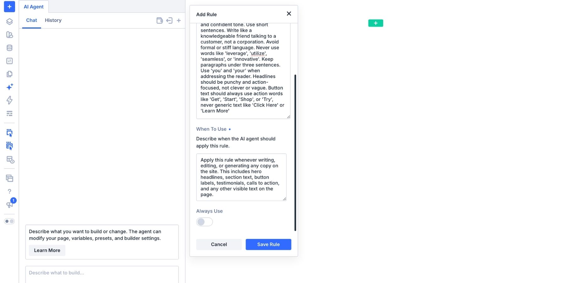 A screenshot of the writing a when to use rule in the Add Rule panel