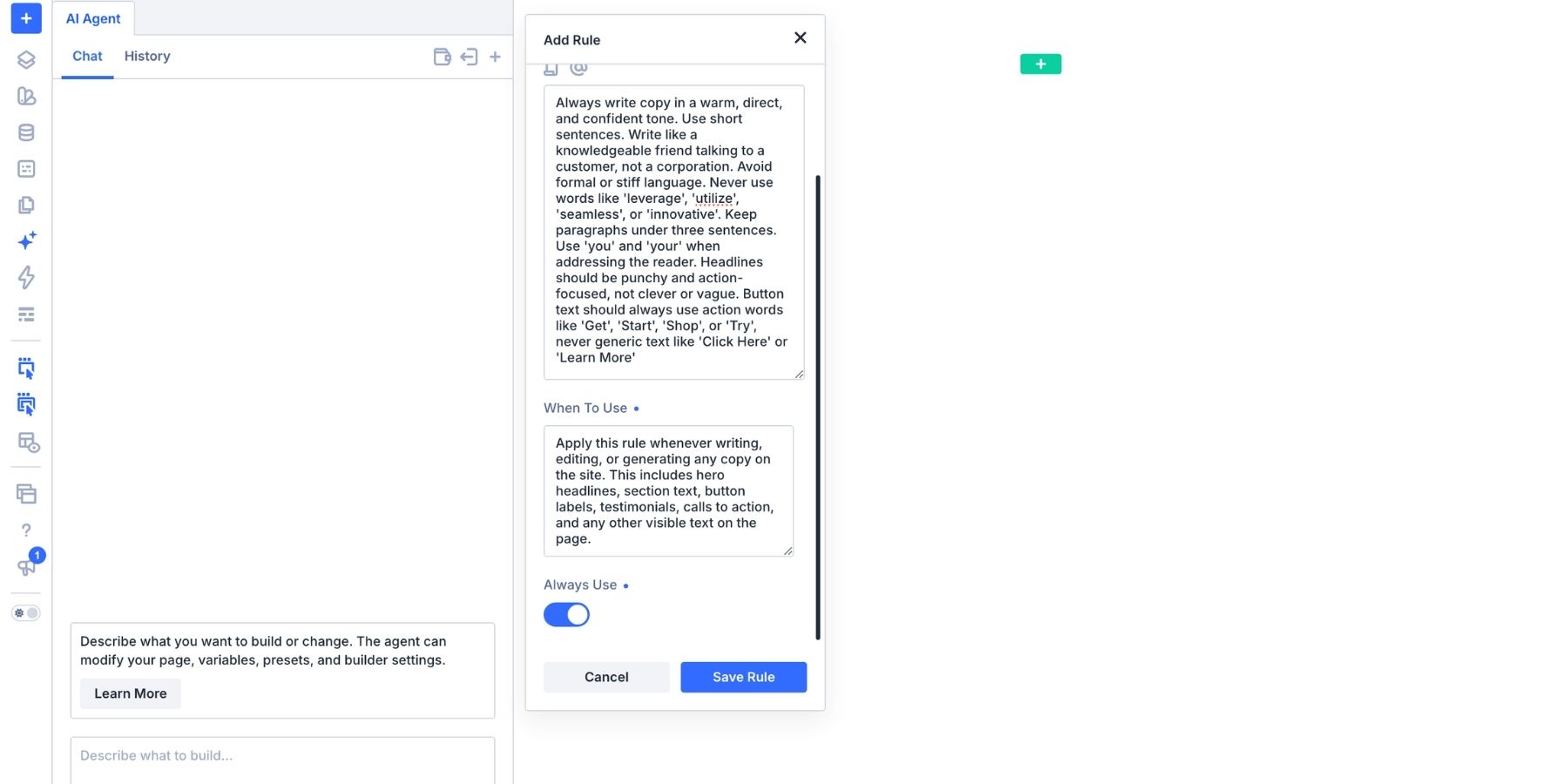 A screenshot of turning the always use toggle in the Add Rule panel