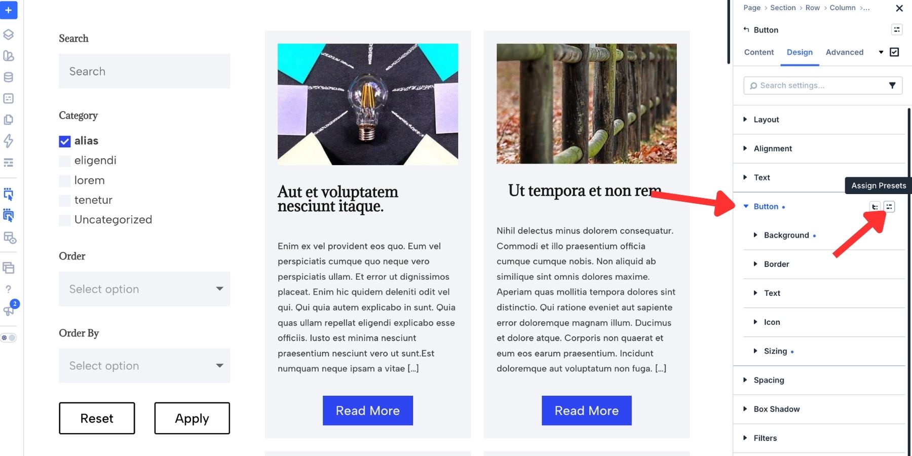Where to find the Option Group Presets button in Divi 5