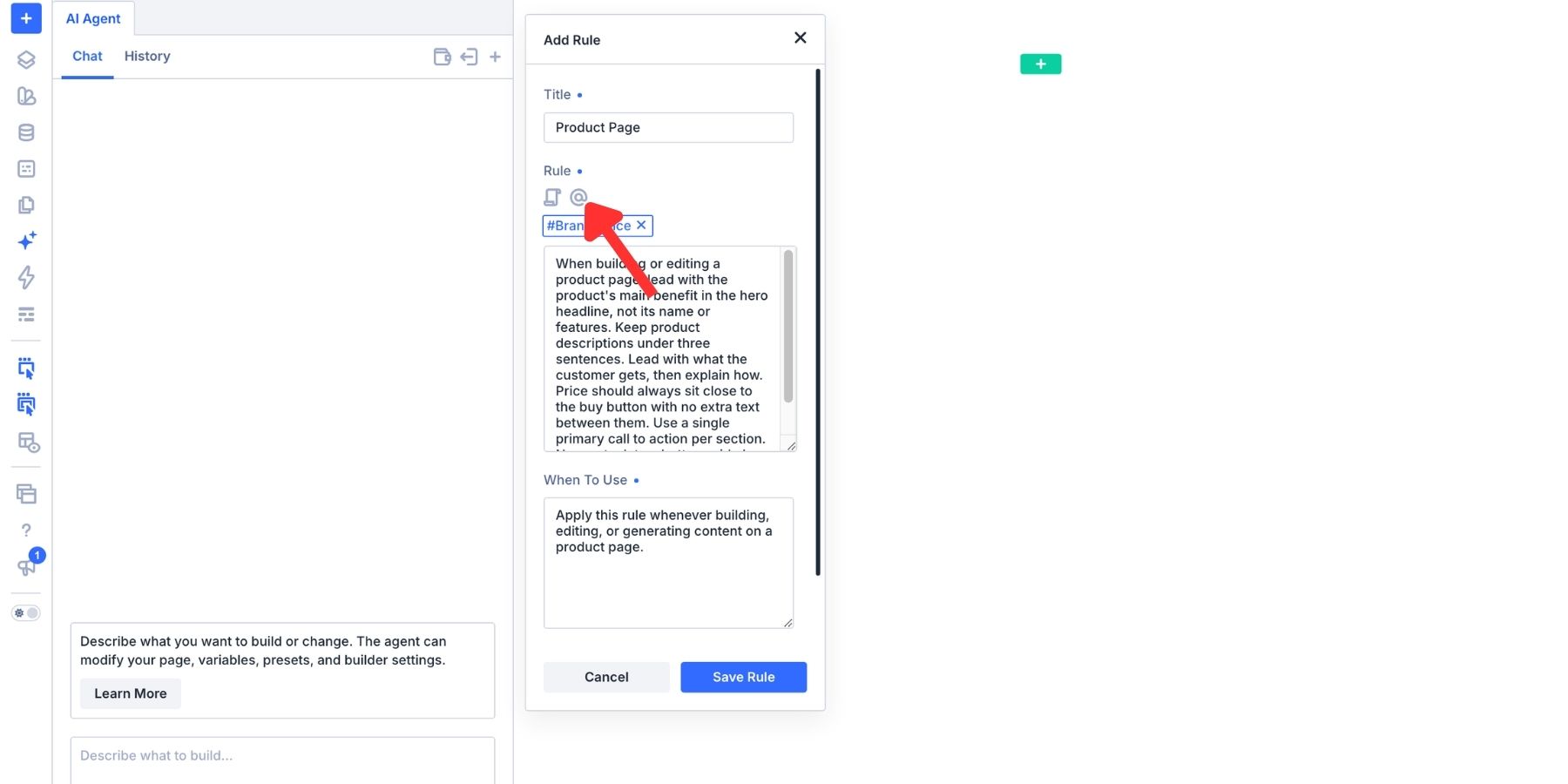 A screenshot of where to find the context button in the add rule panel