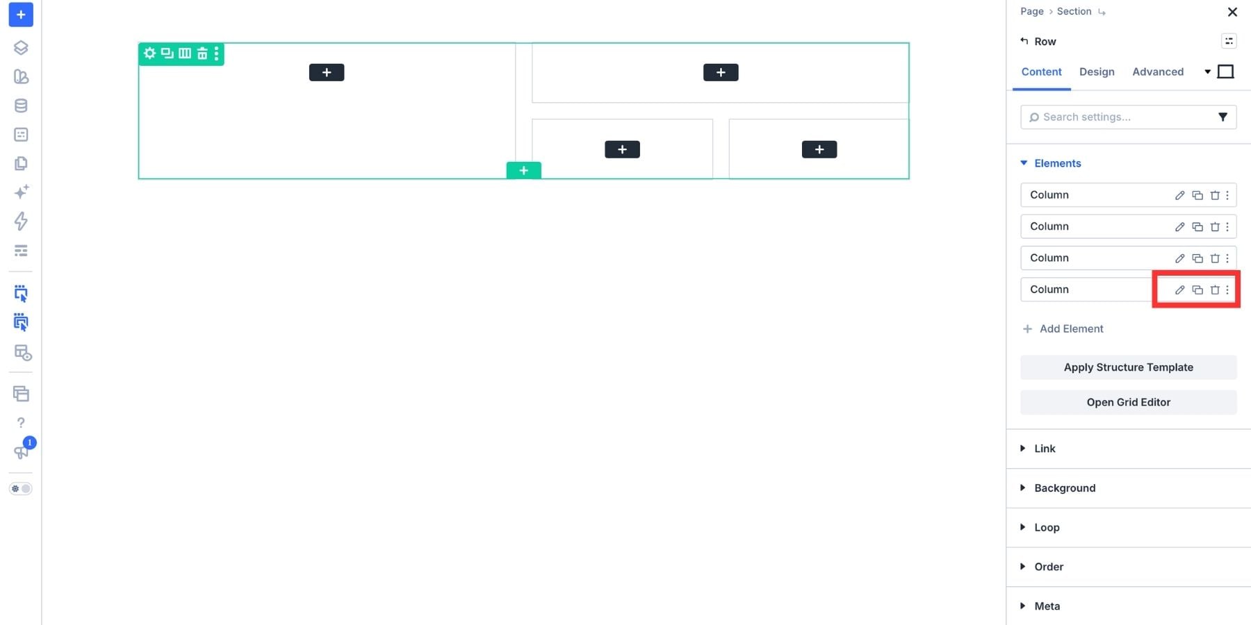Edit, duplicate, and delete controls for Columns in the Row settings