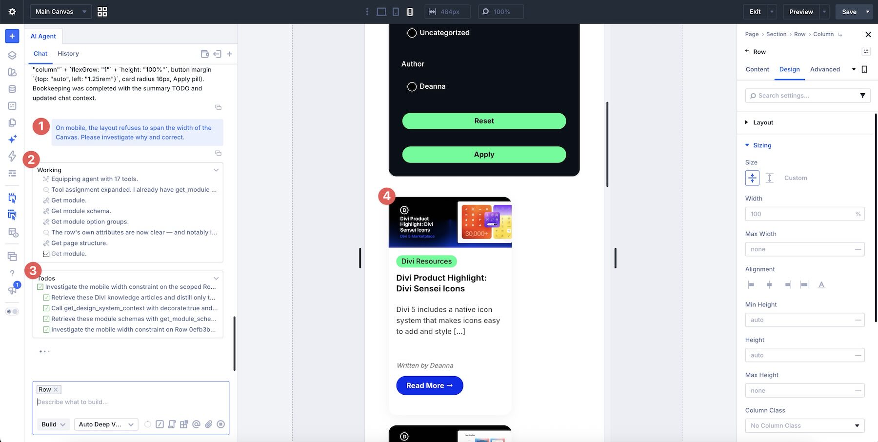 Divi AI Agents mobile adjustments
