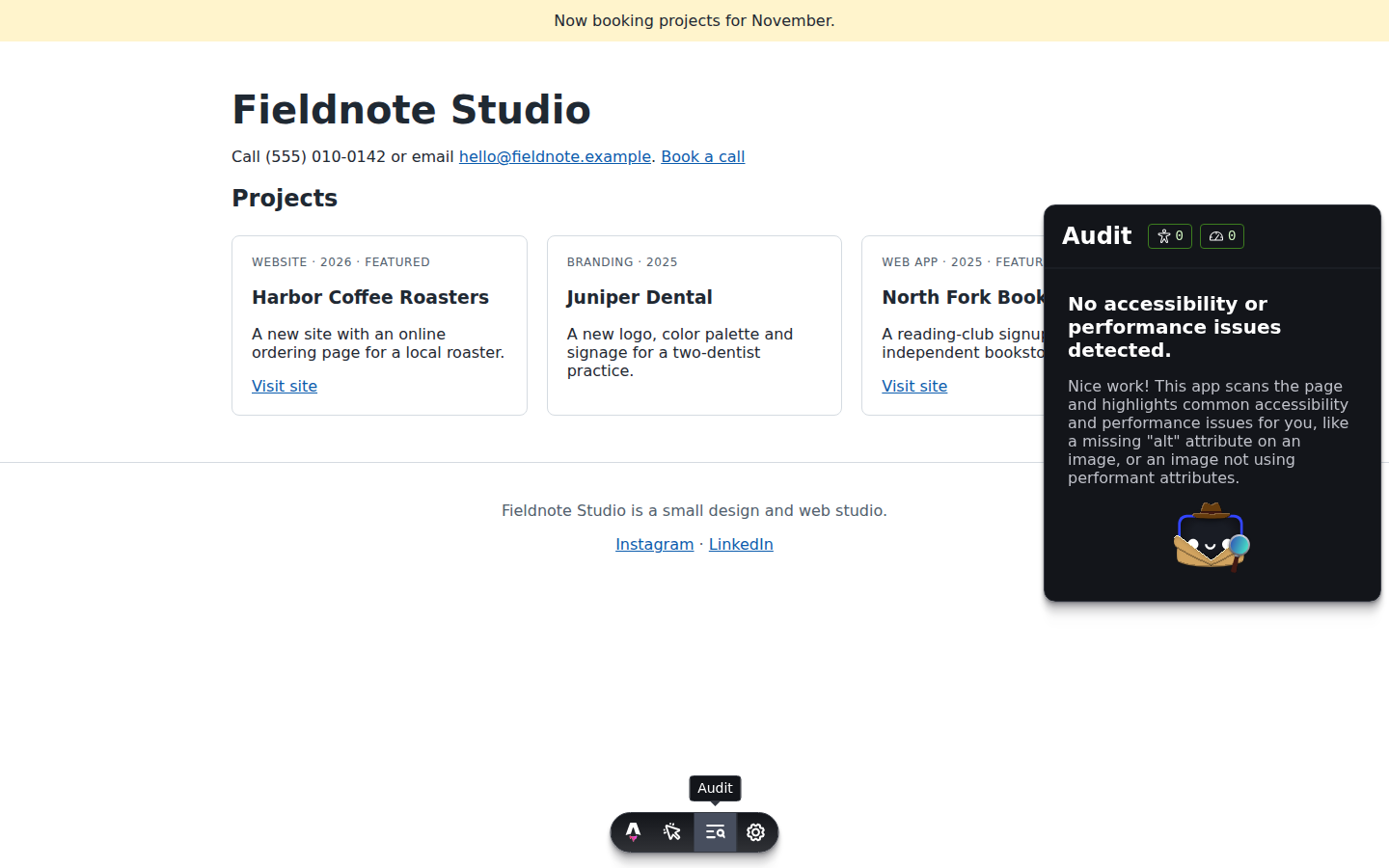Astro development toolbar with the Audit app displaying page checks