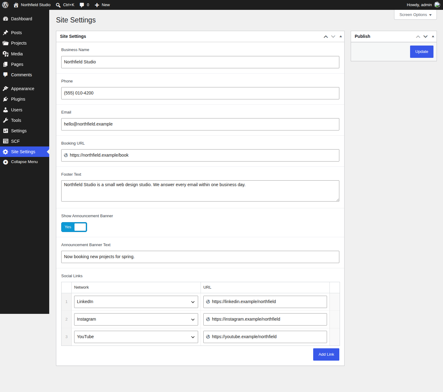 WordPress options page for editing site-wide business information