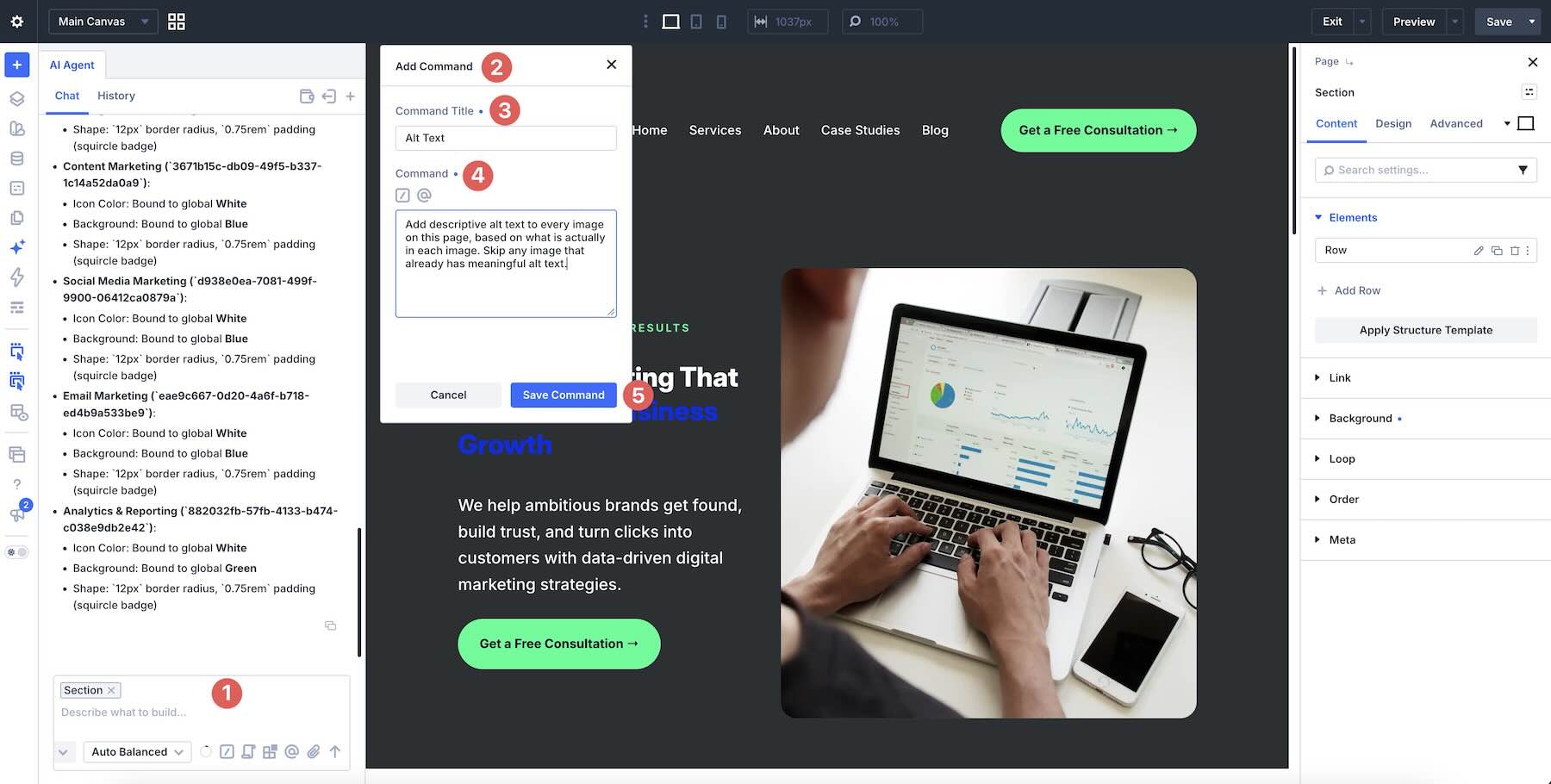 Saved Commands in the Divi AI agents panel
