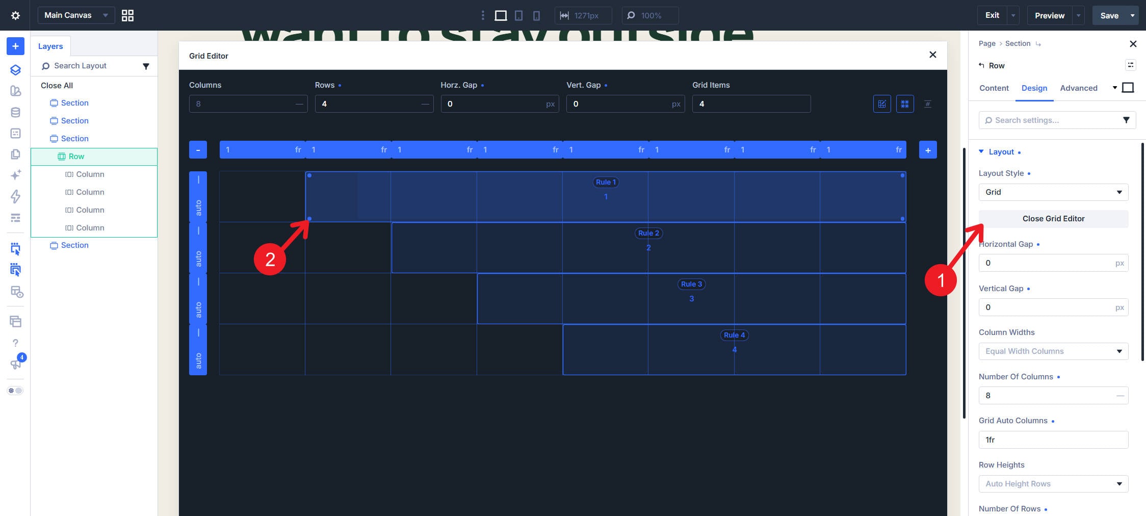 The CSS Grid Editor showing four cards arranged in a stepped composition