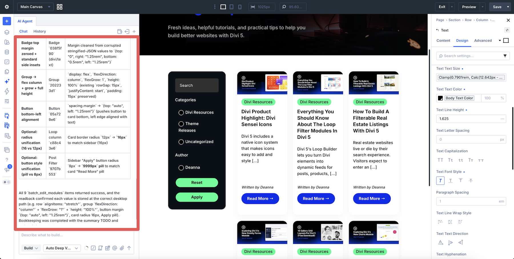 Divi AI Agents layout revisions