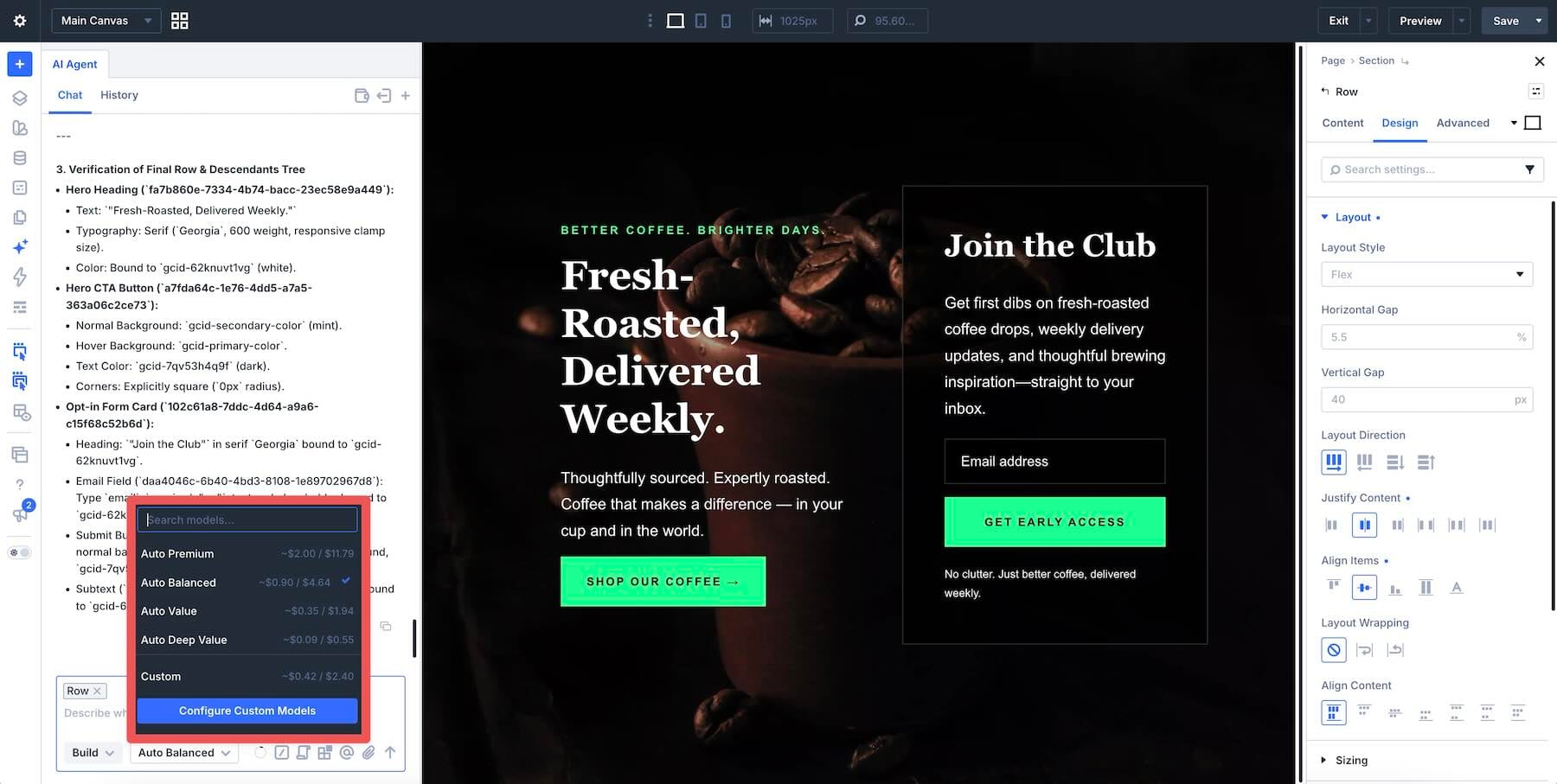 Model selection options in Divi AI agents