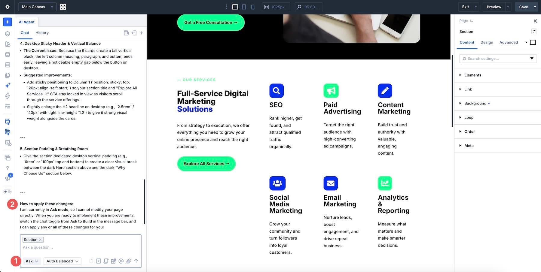 Ask mode selected in the Divi AI agents panel