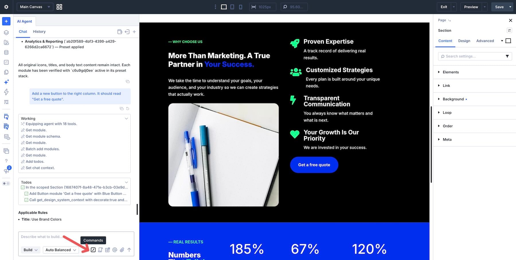Commands icon in the Divi AI agents panel