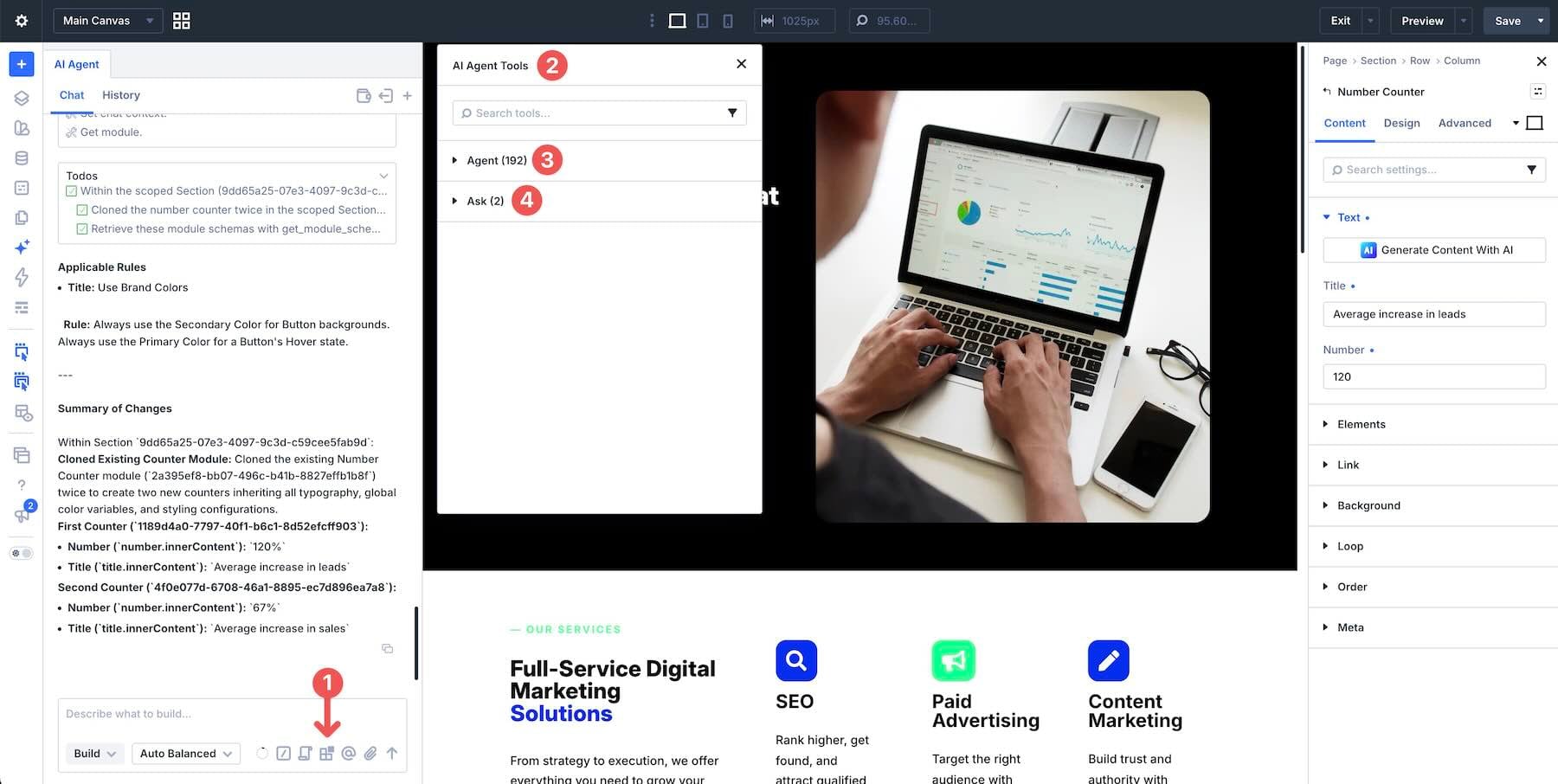 Tools catalog in the Divi AI agents interface