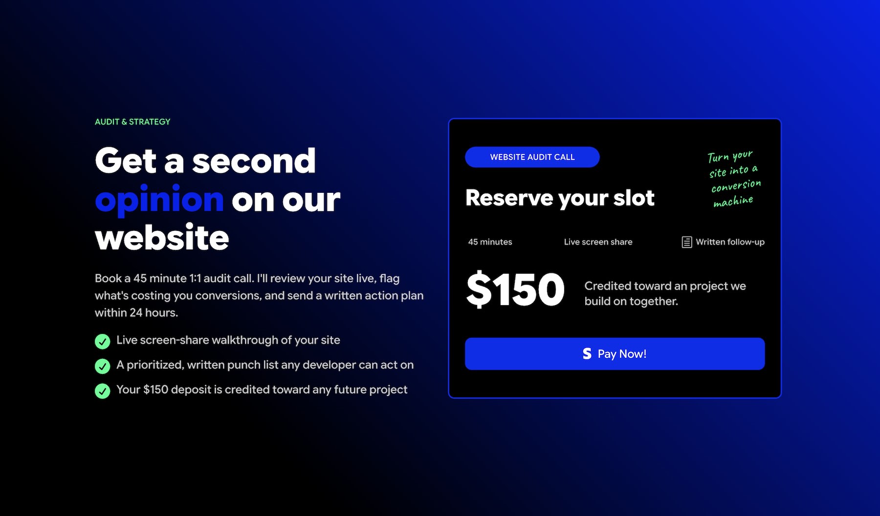 Website audit offer with a $150 Payment Button