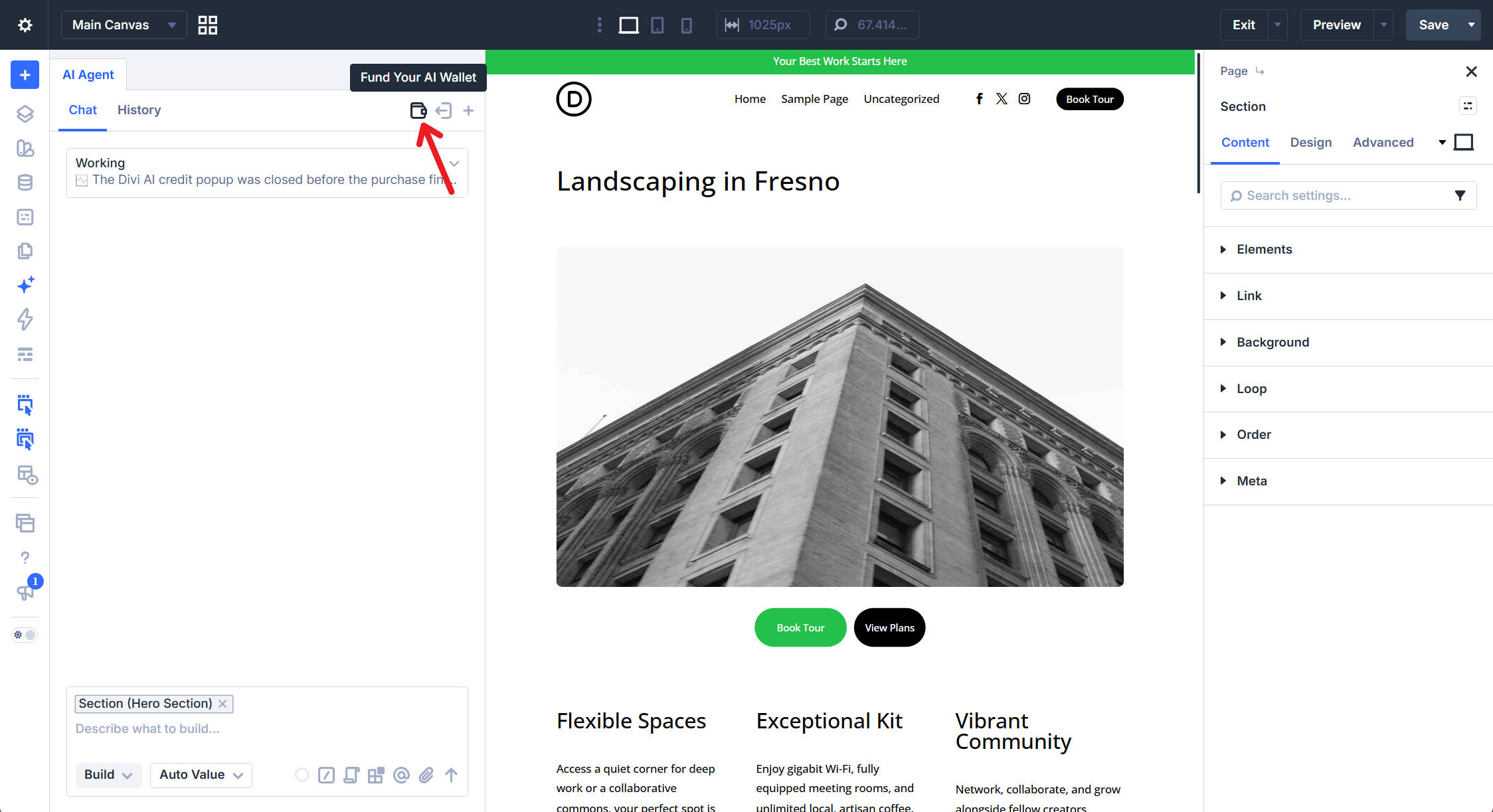 View and Fund Your Wallet Icon in the Top Right of AI Agents Panel