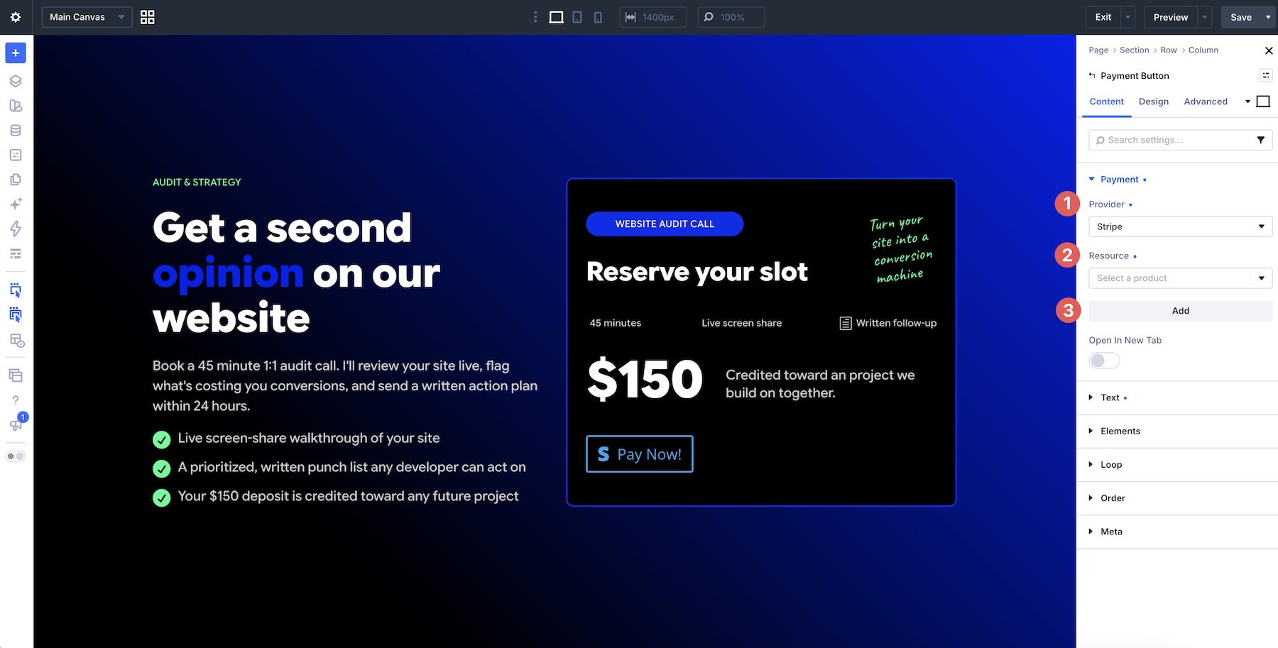 Add a Stripe resource in the Payment Button Module