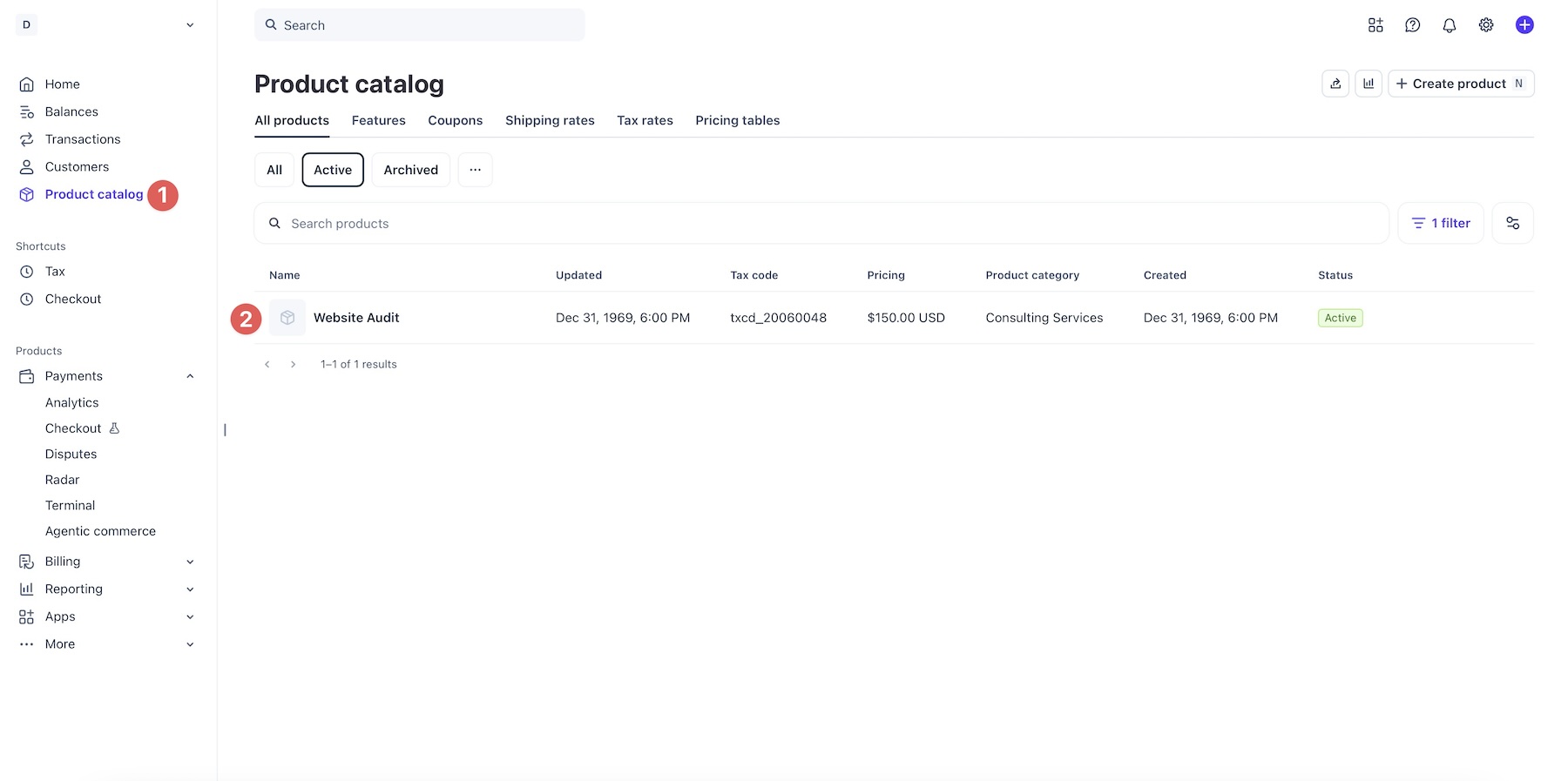 Product catalog in the Stripe dashboard