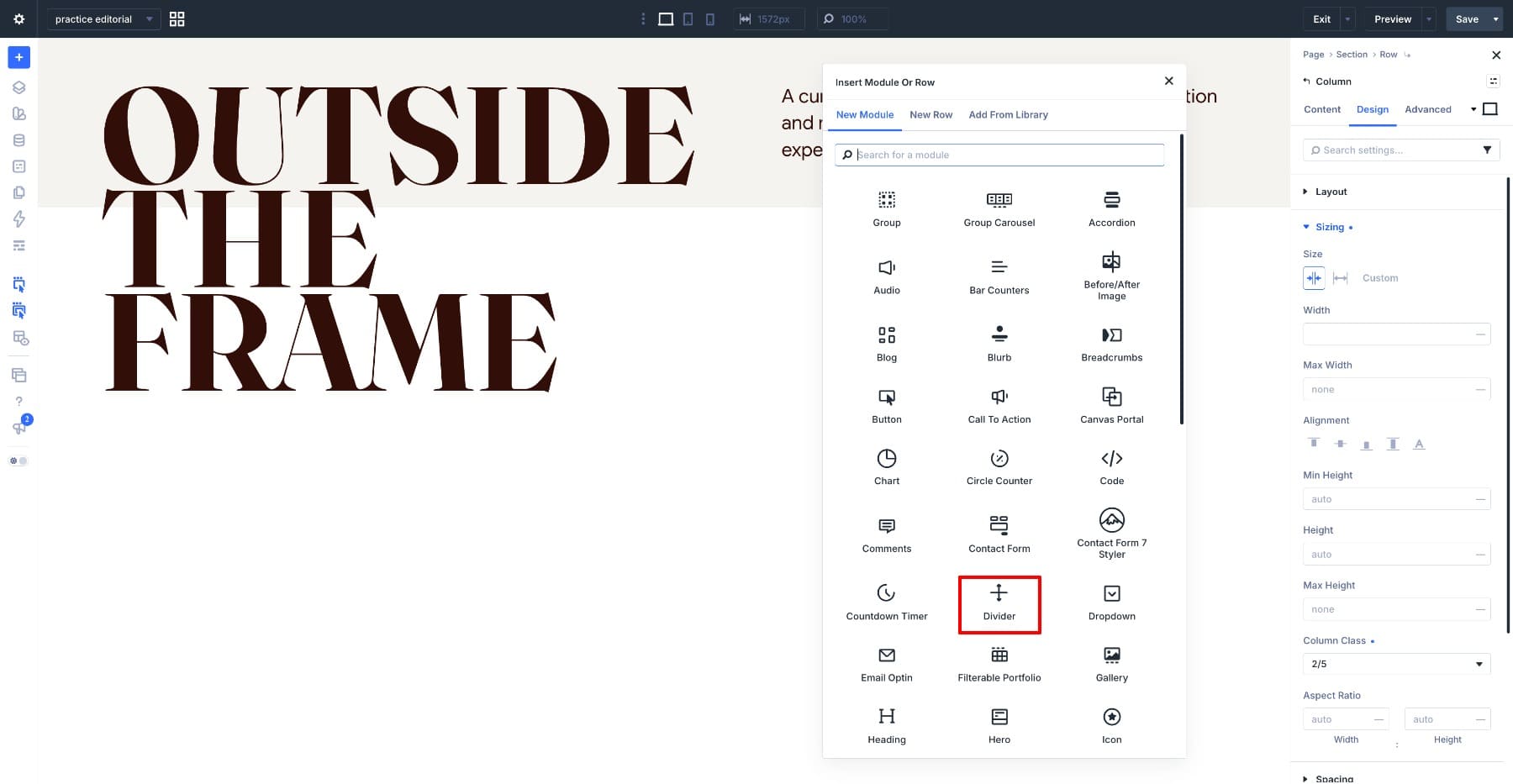Divider Module used as the hero image container