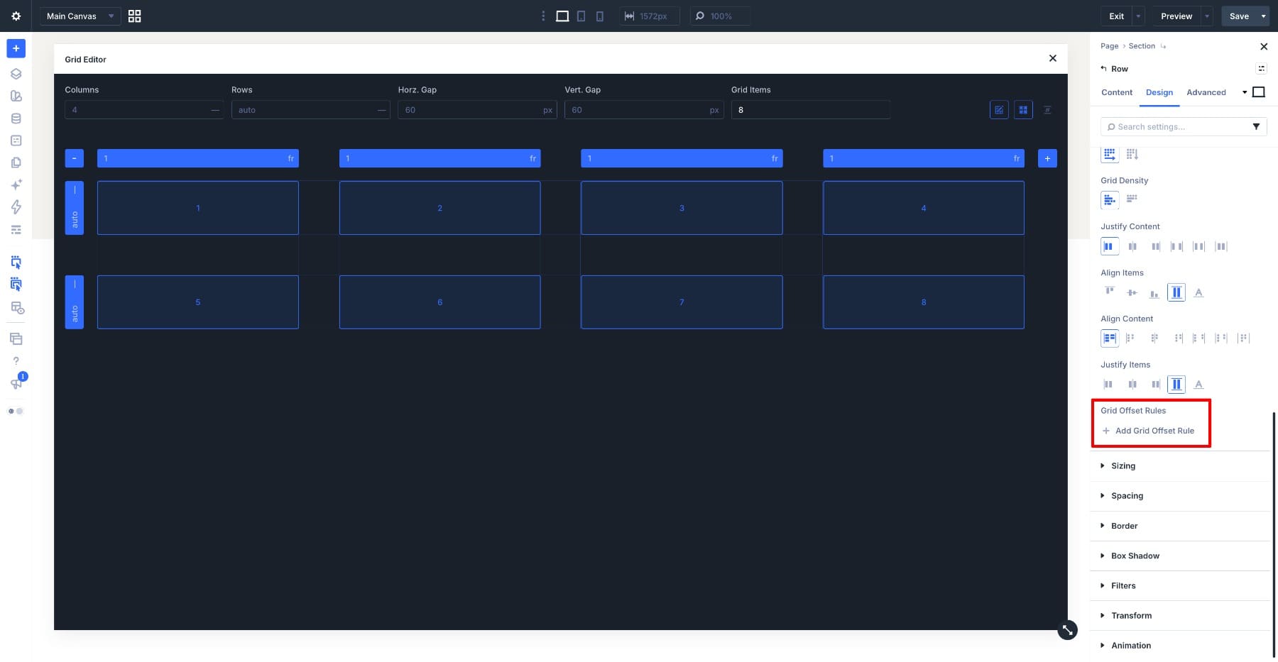 Grid Offset Rules in the container's Layout settings