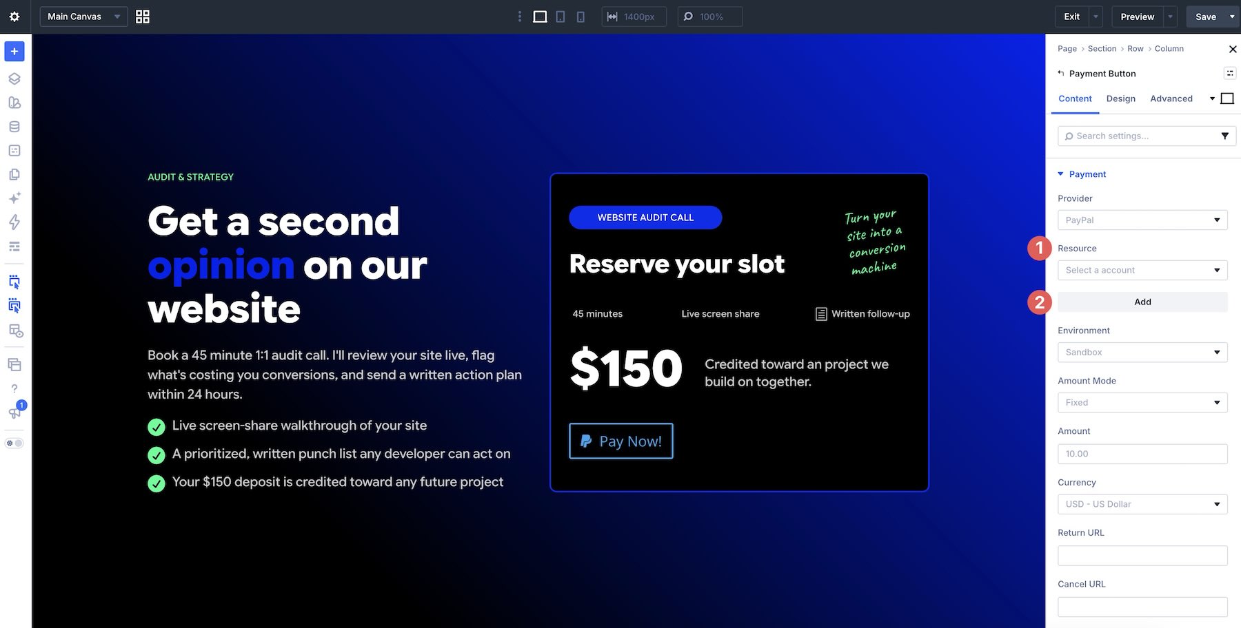 Add a PayPal resource in Divi