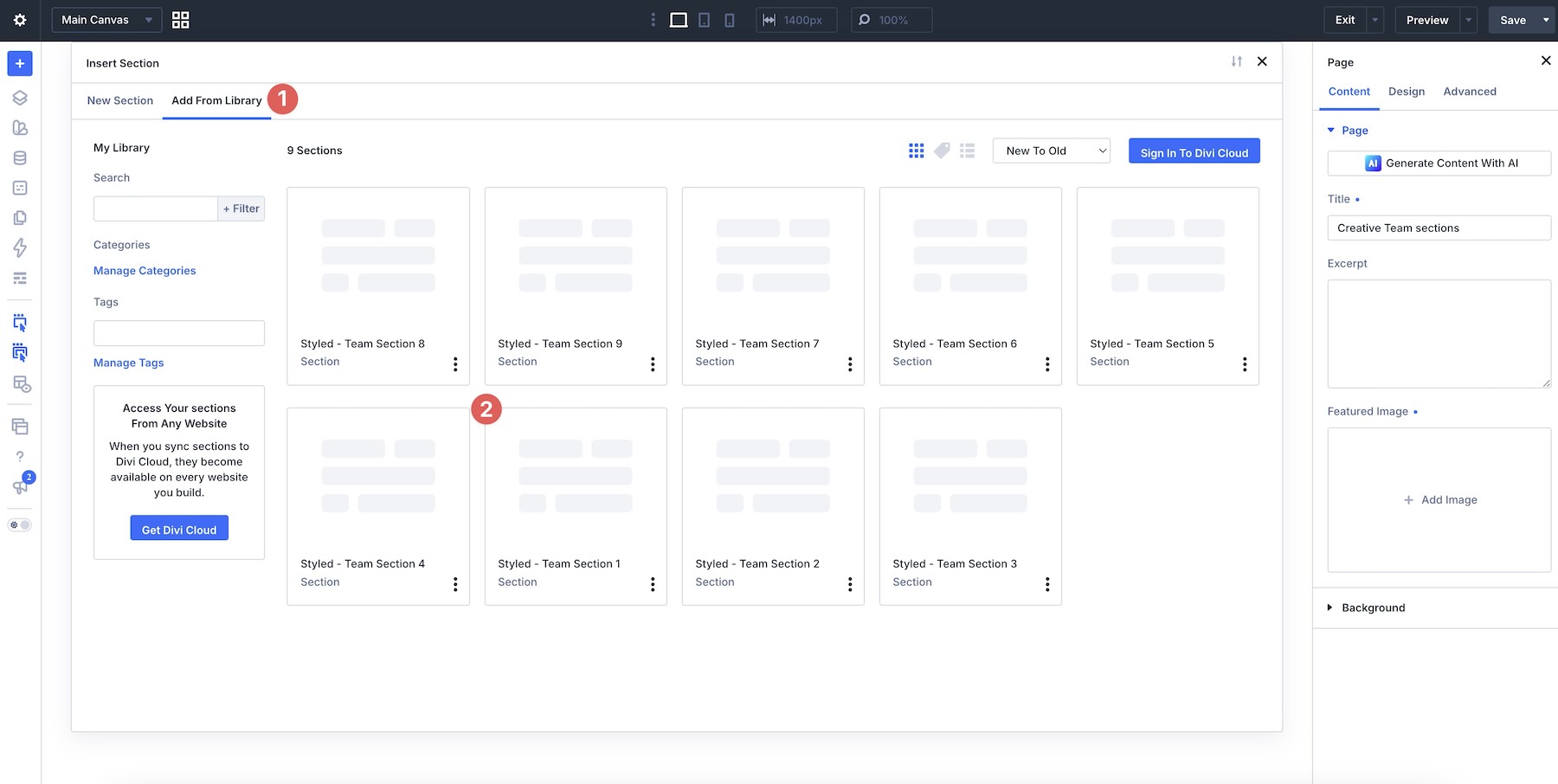 add section from Divi Library