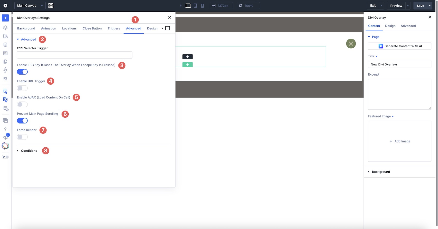 advanced settings in Divi Overlays