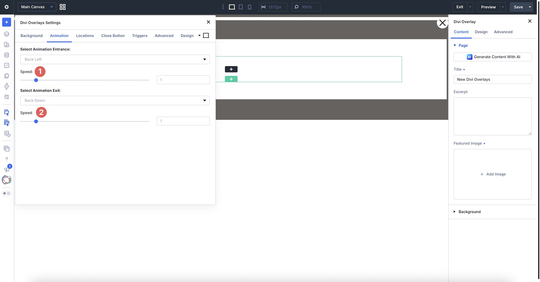 animation speed sliders in Divi Overlays