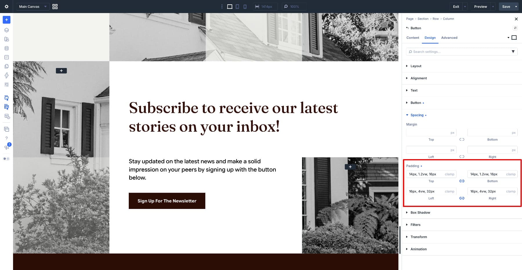 Responsive padding values for the newsletter button