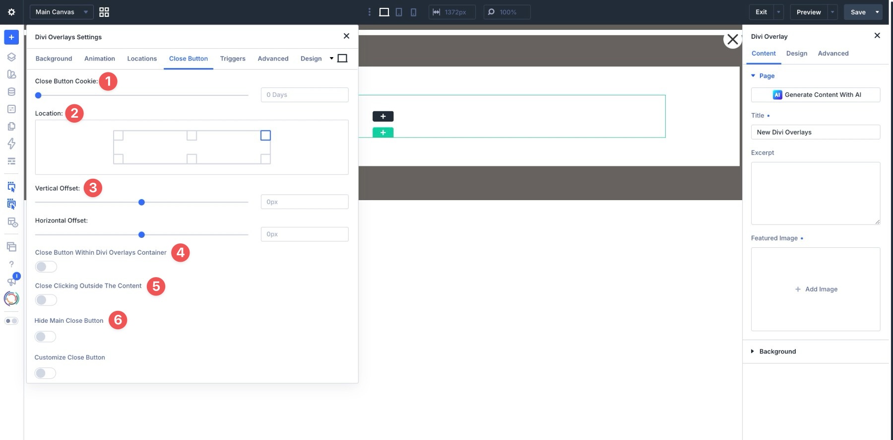 close button settings in Divi Overlays
