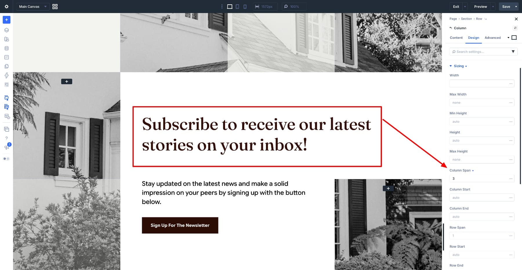 Newsletter heading column spanning three grid tracks