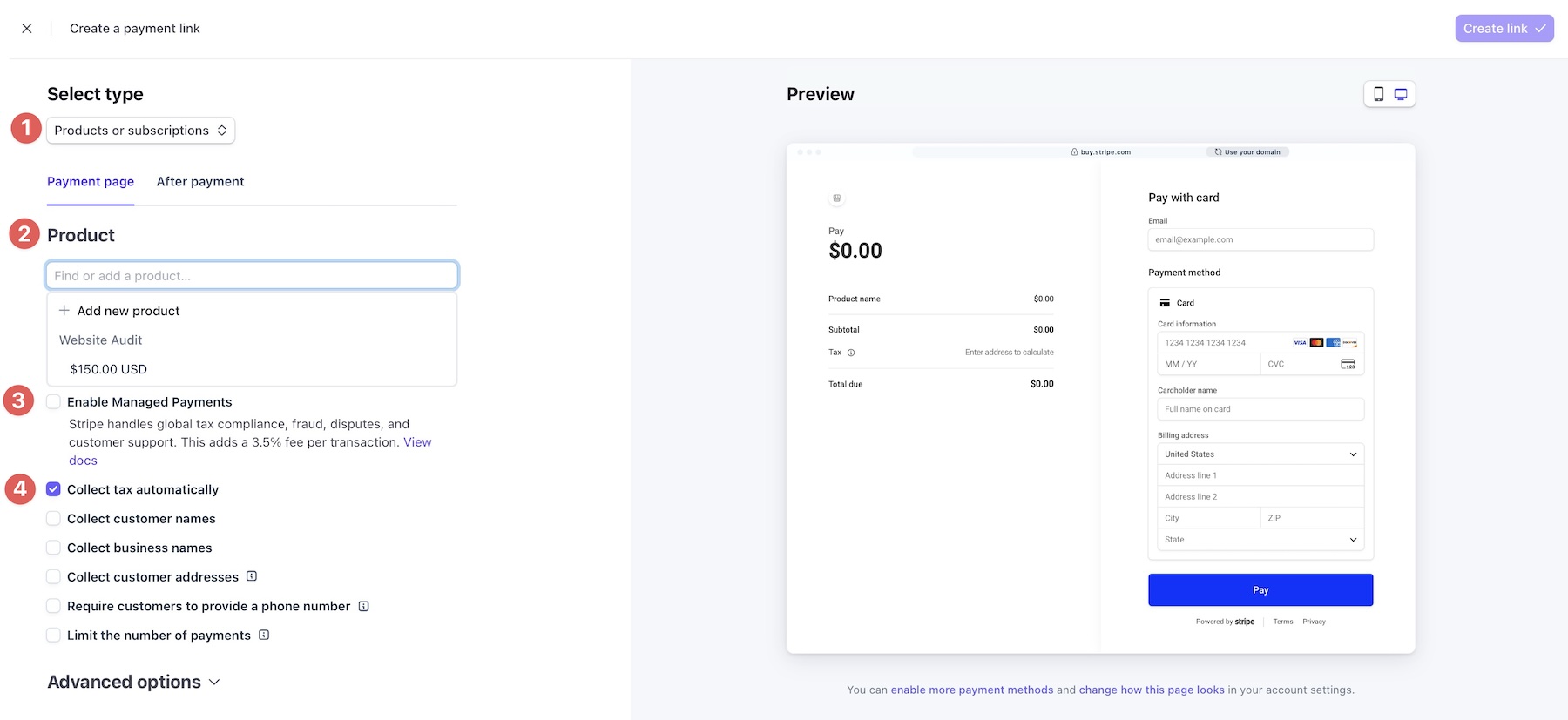 Product and customer information settings for a Stripe Payment Link