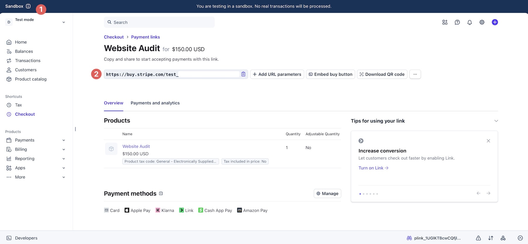 Copy a test Payment Link from Stripe