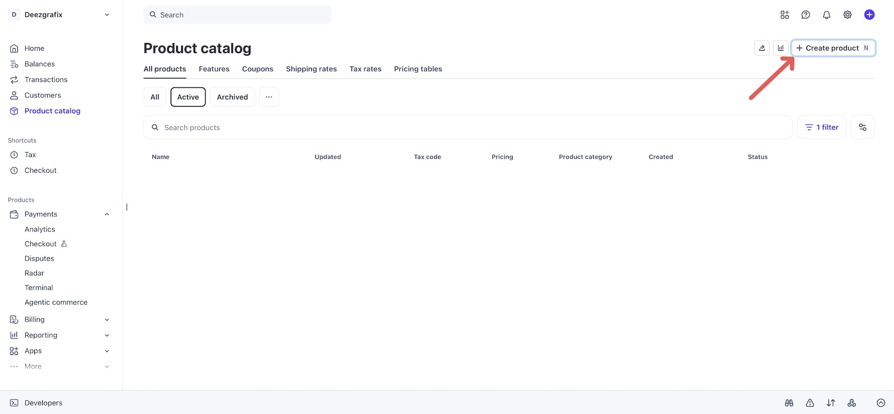 Create Product option in Stripe