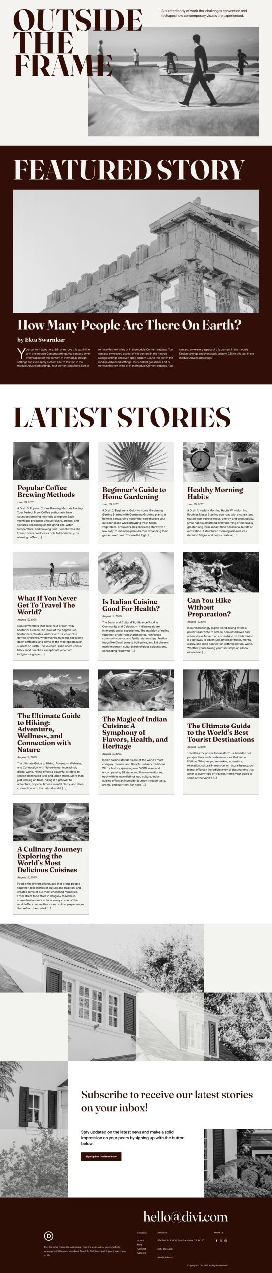 Full editorial homepage preview built with Divi 5