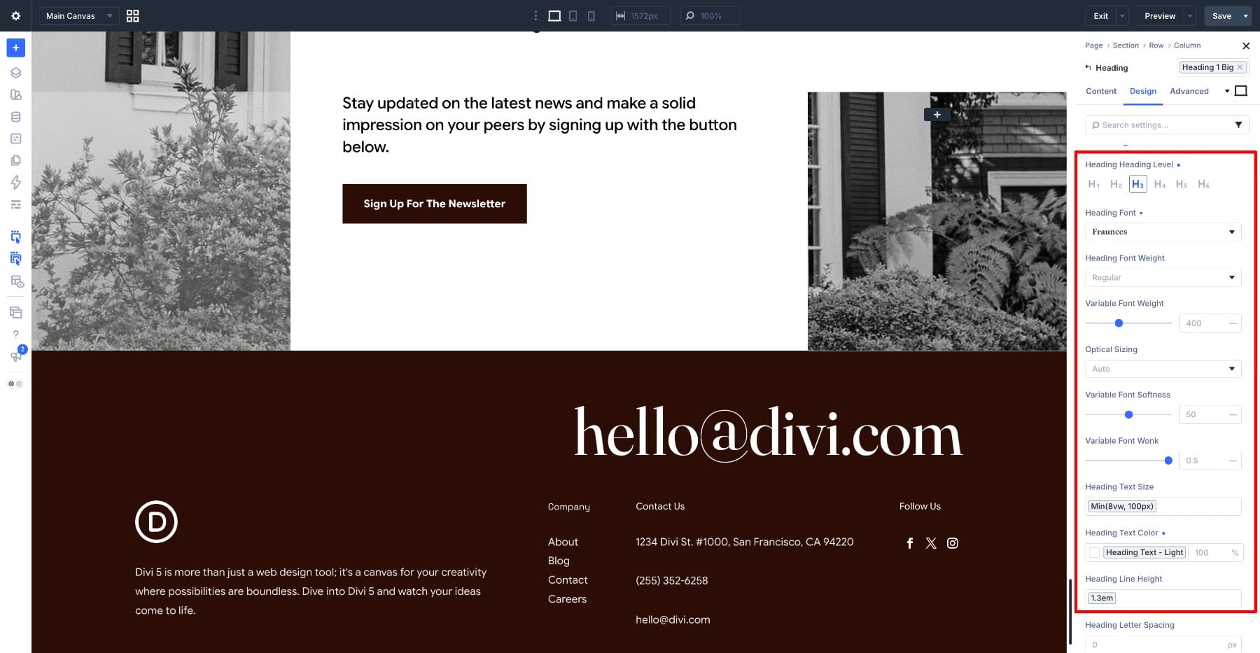 Contact email typography in the editorial footer