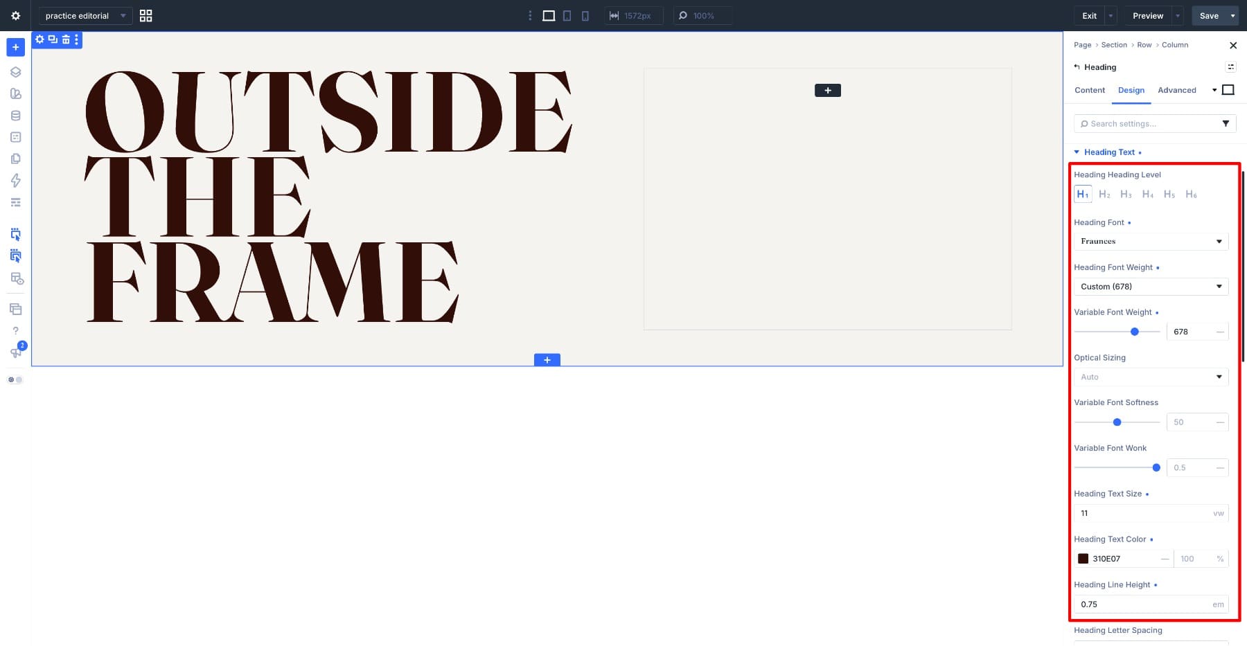 Fraunces variable font settings for the hero heading
