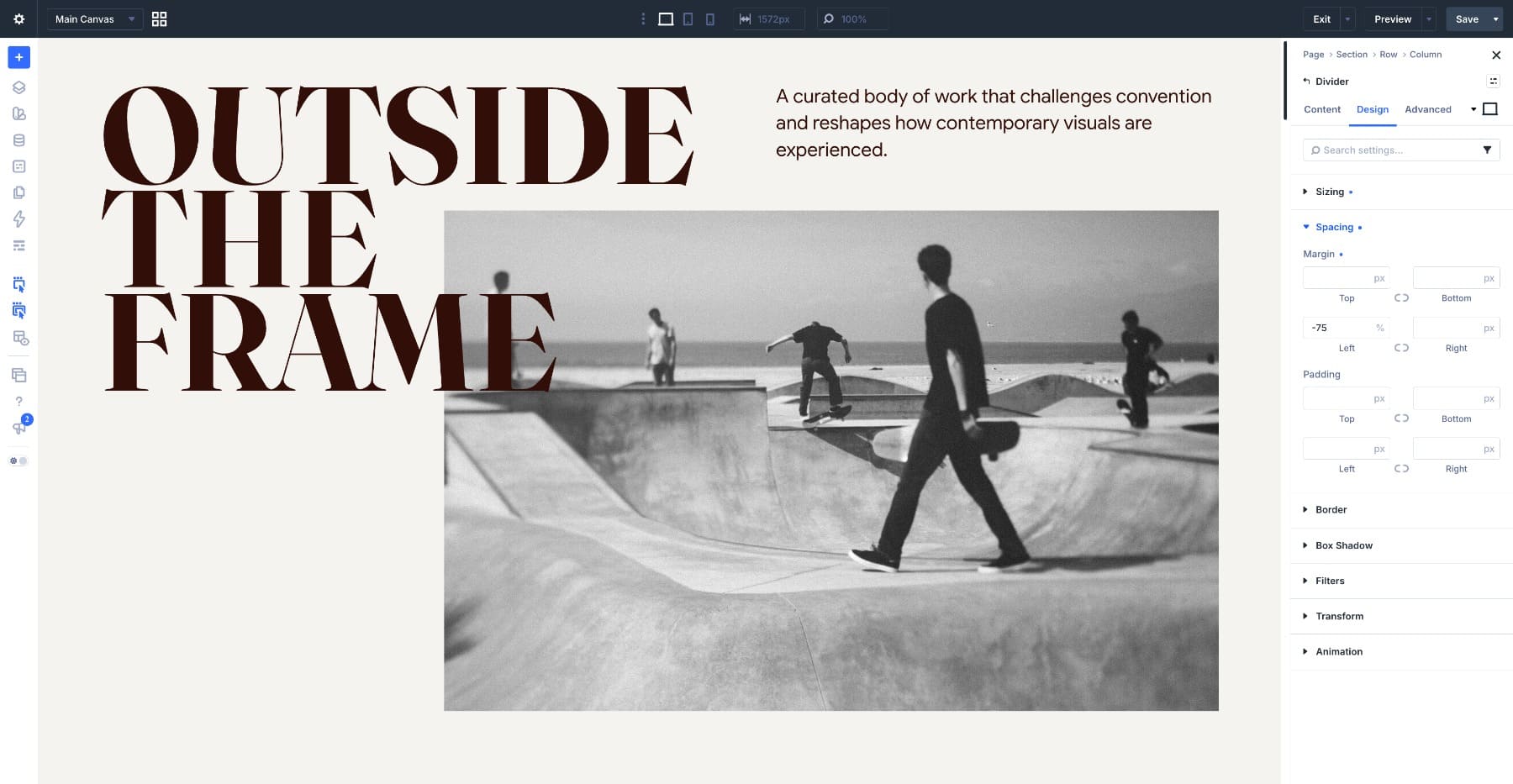 Completed editorial hero with oversized typography and photograph
