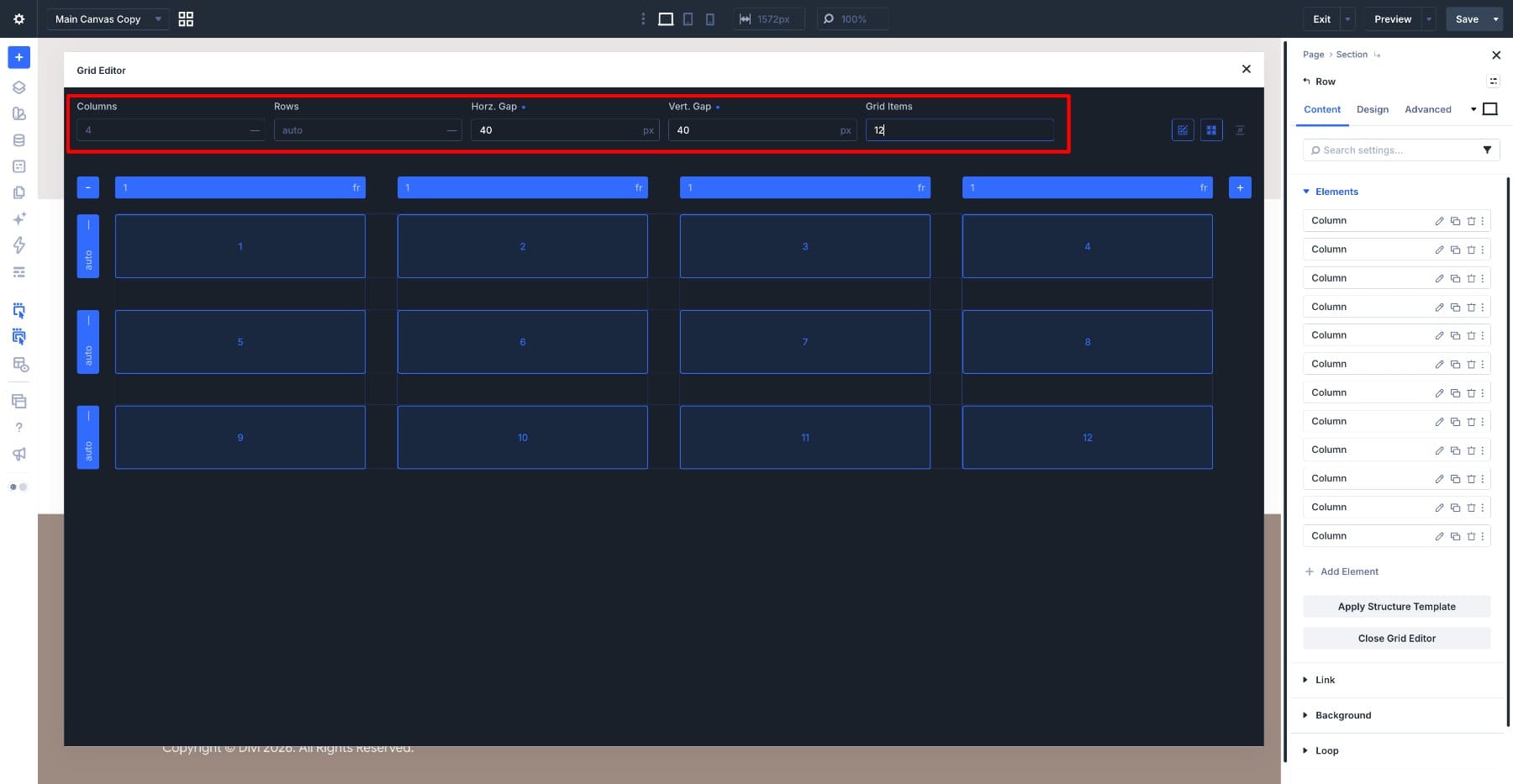 Setting four grid columns and 40px horizontal and vertical gaps