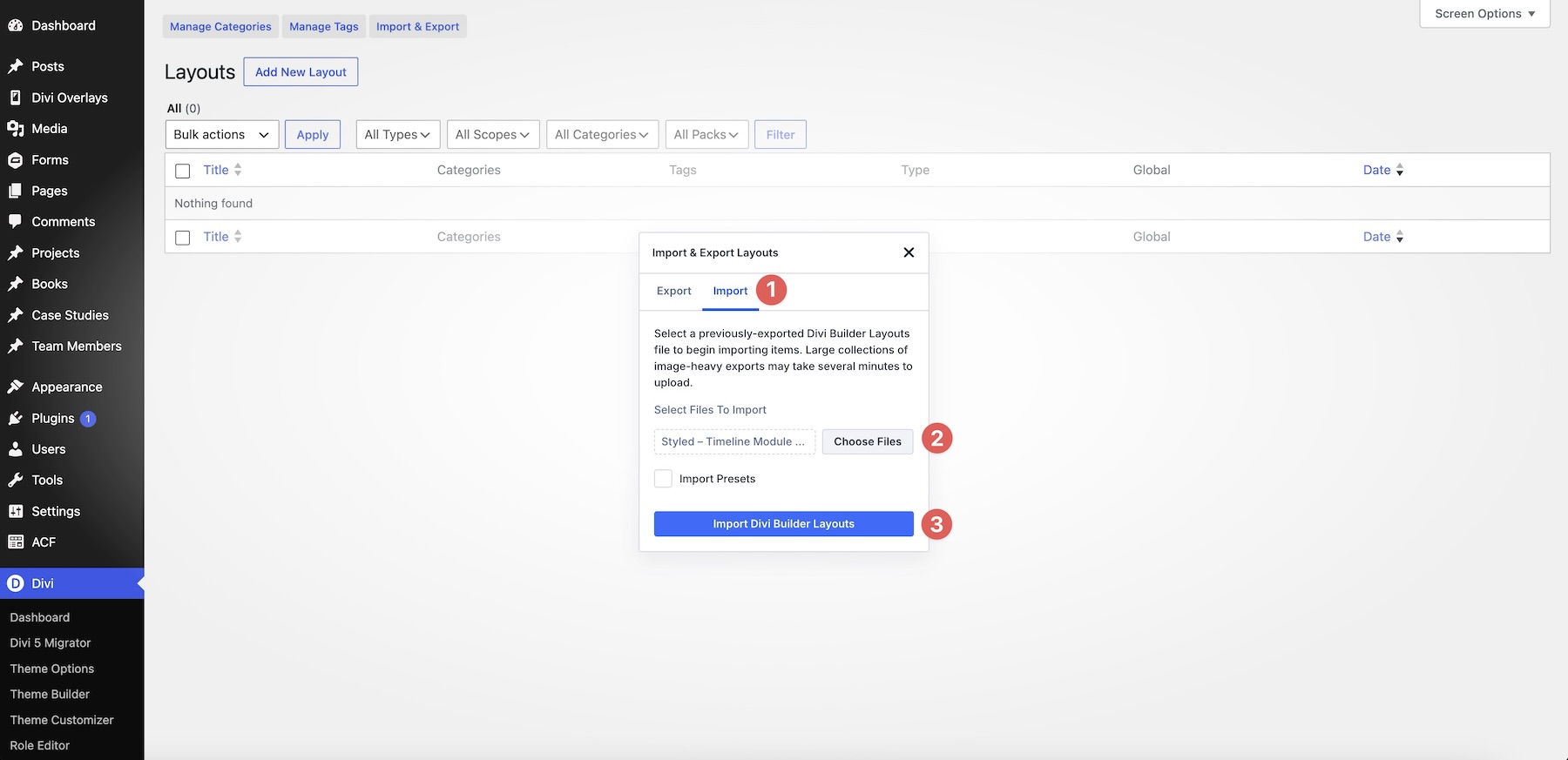 import Divi Layouts