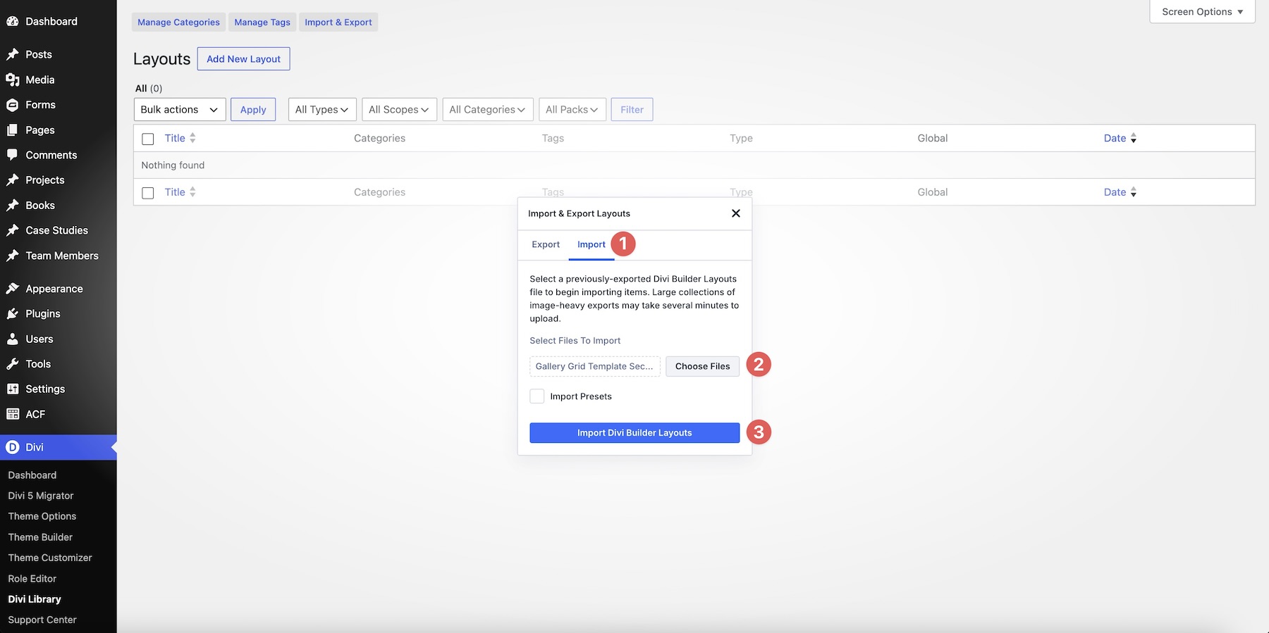 import divi builder layouts