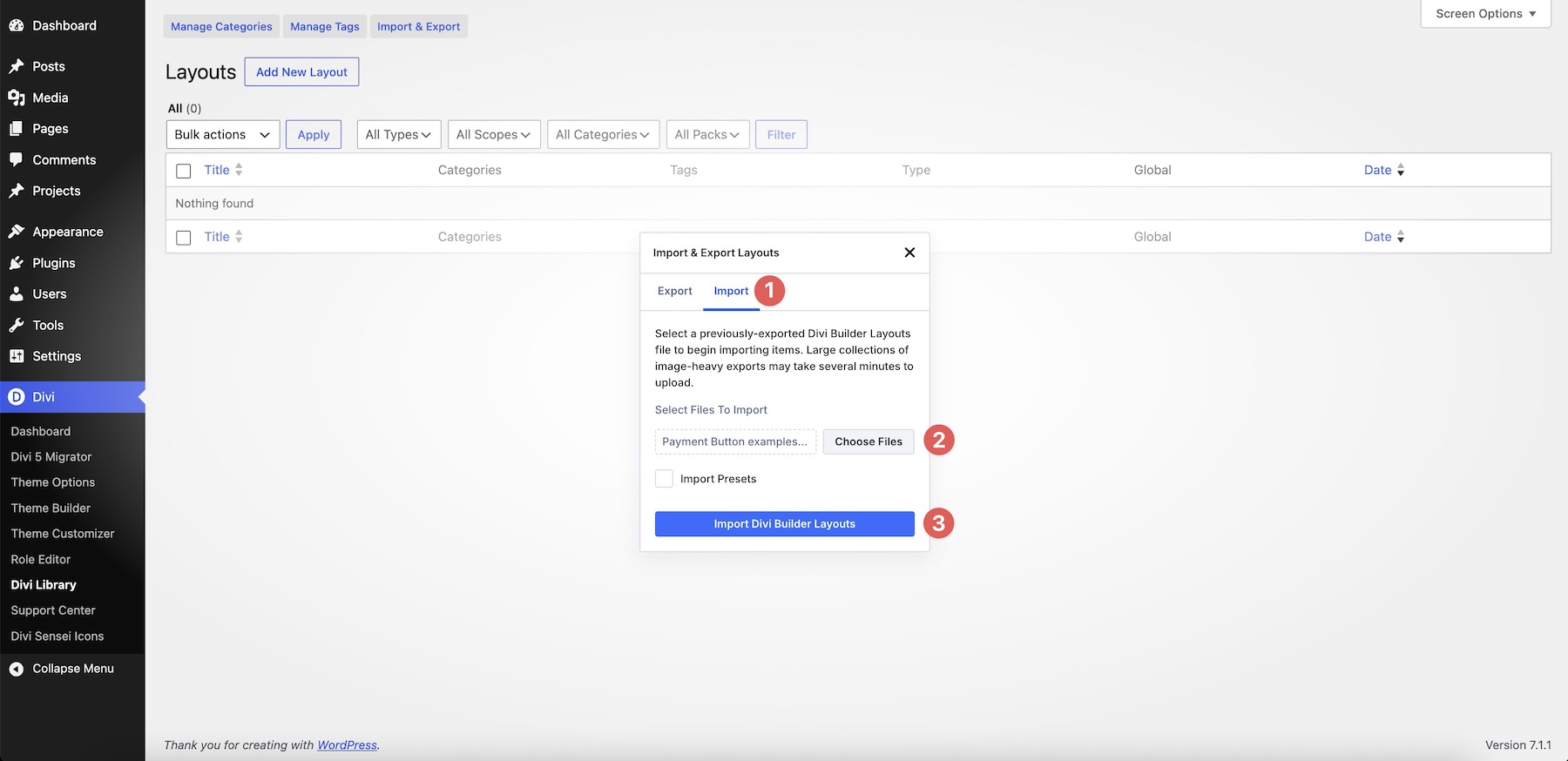 Import the Payment Button JSON layouts into Divi