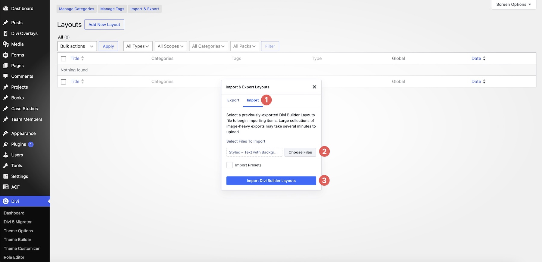 import divi library layouts