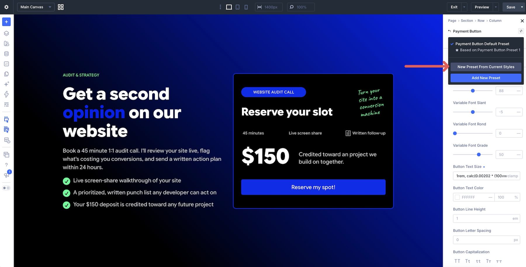 Create a preset from the current Payment Button styles