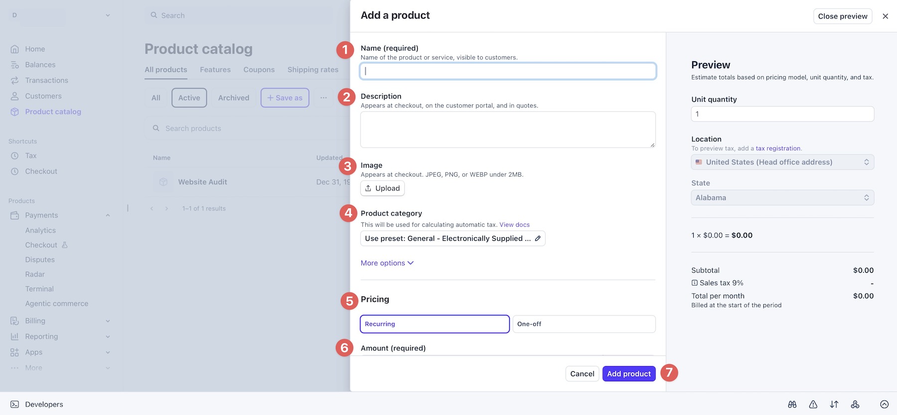Website audit product details and pricing in Stripe