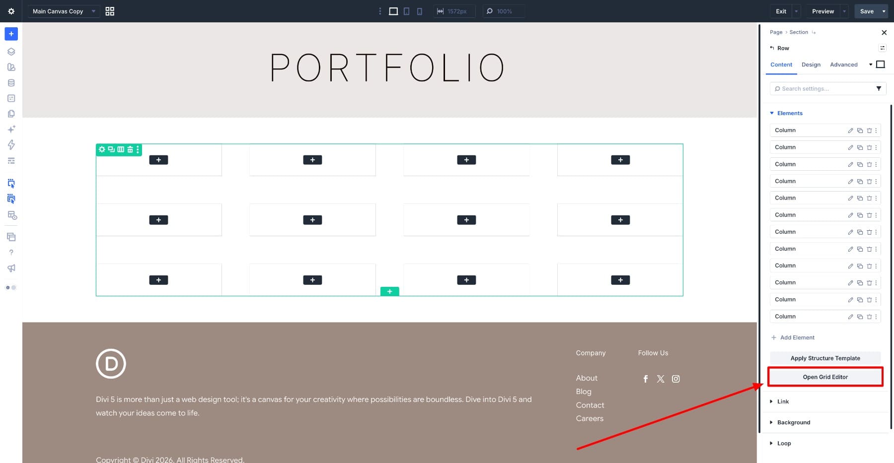 Opening the Grid Editor from the Row settings