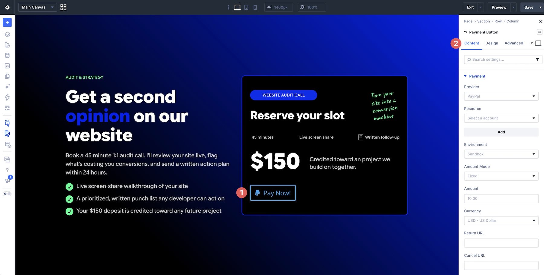 Payment Button Module Content tab