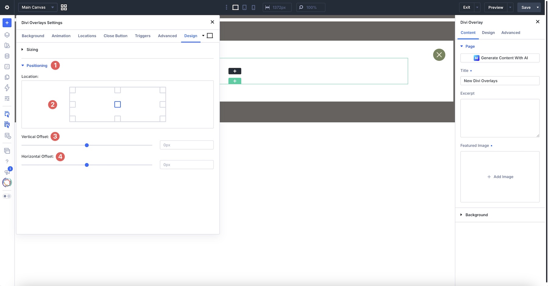 position settings in Divi Overlays