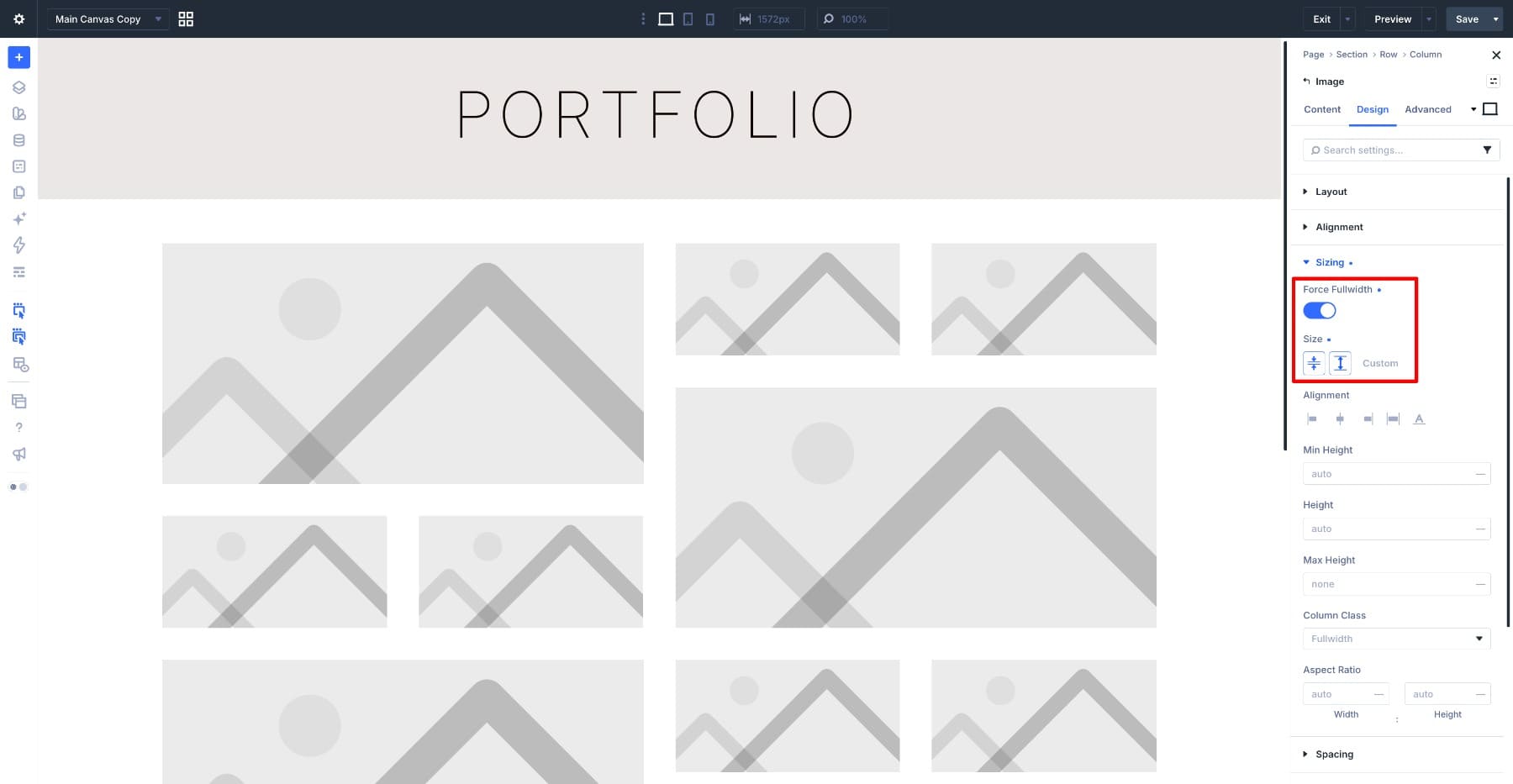 Enabling Force Fullwidth in the Image Module sizing settings