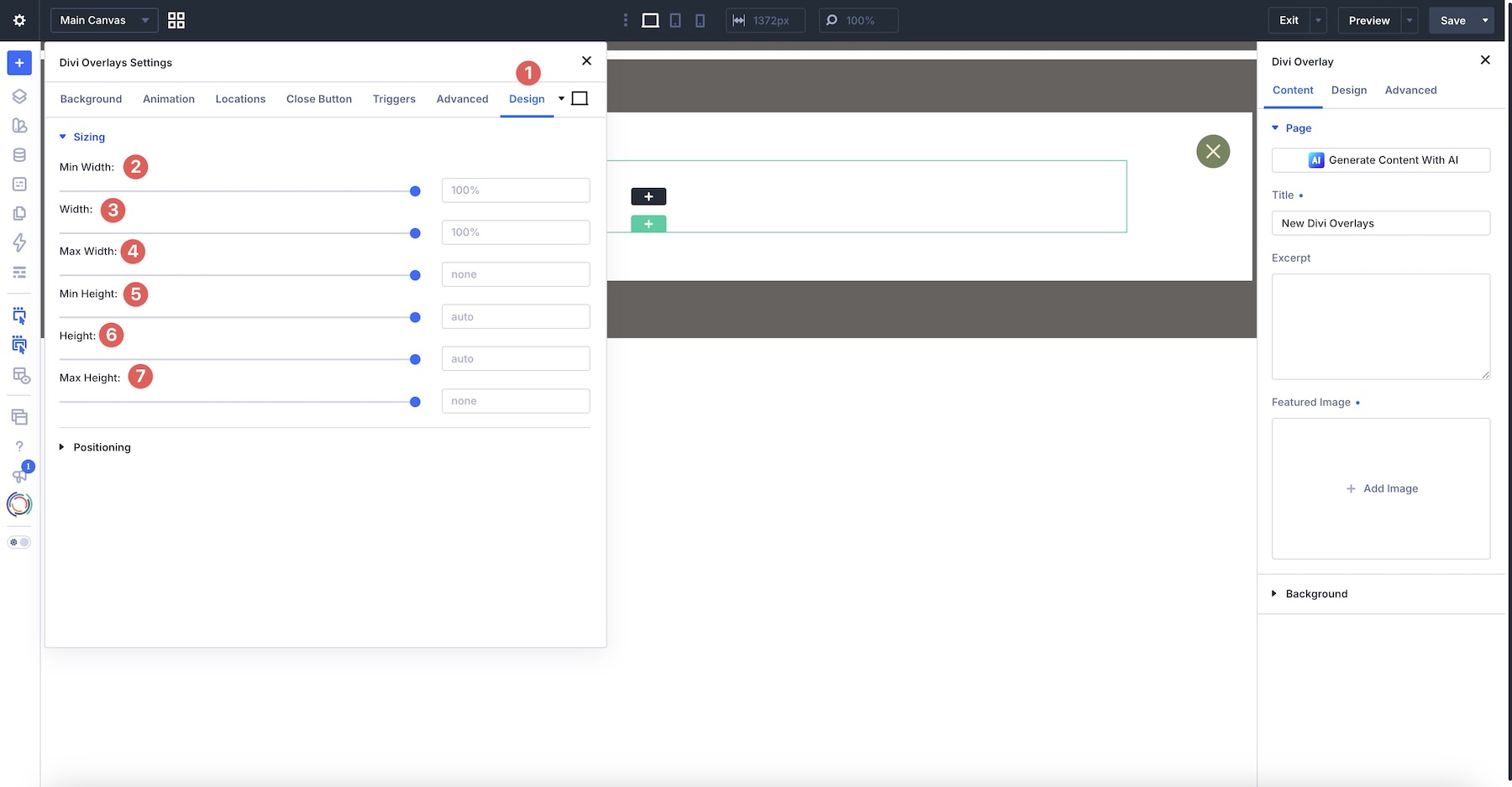 sizing settings in Divi Overlays